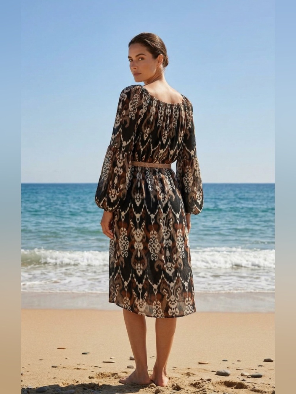 Dear Scarlett Chic Boho Inspired All Over Ikat Style Long Sleeve Patterned Dress - Picture 4 of 9